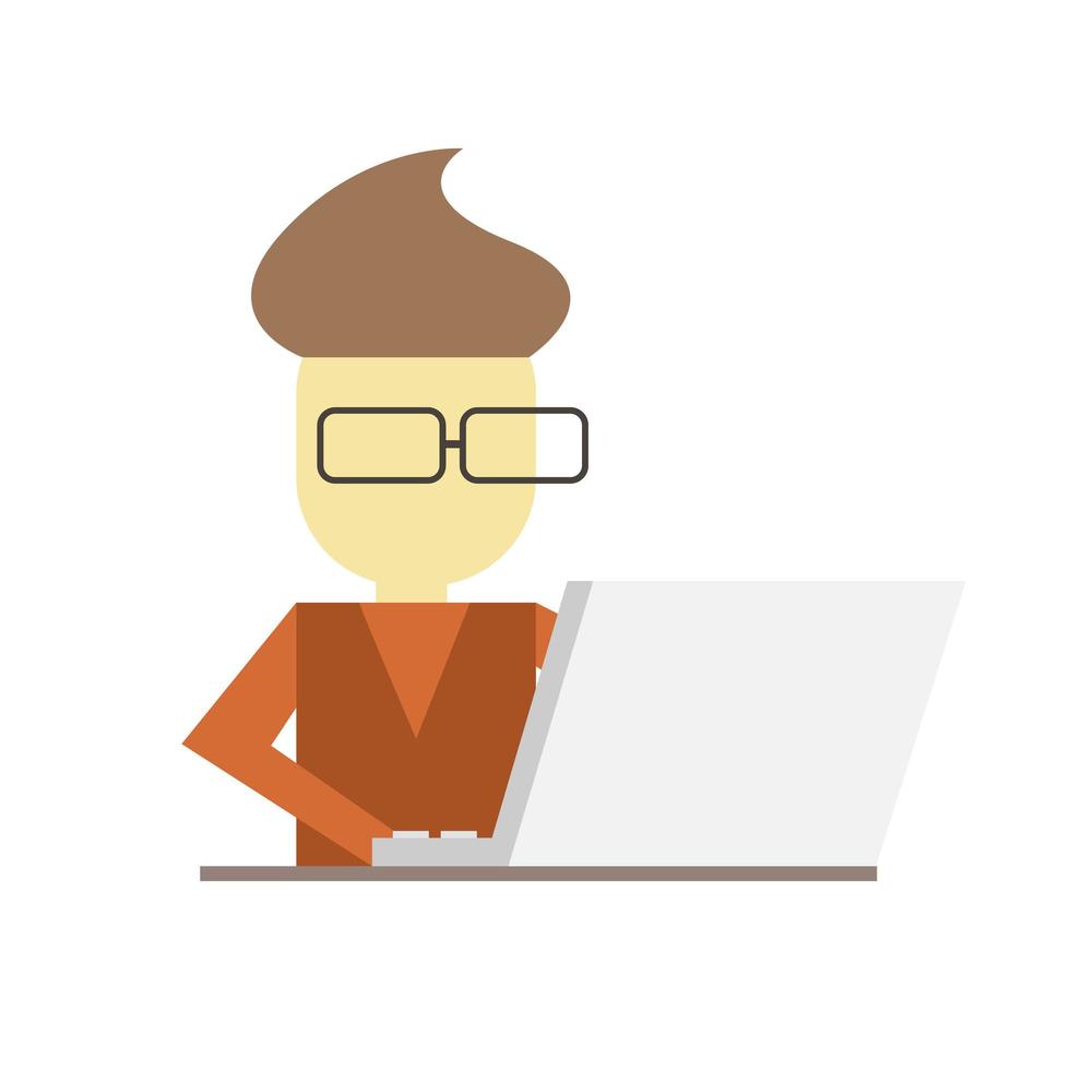 Flat icon of a man working. Businessman sitting at desk and using laptop vector