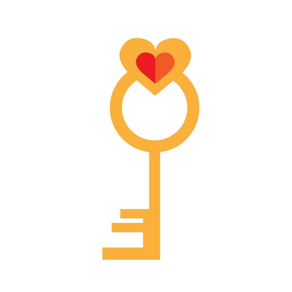Heart-shaped golden key isolated on white background. Flat vector illustration