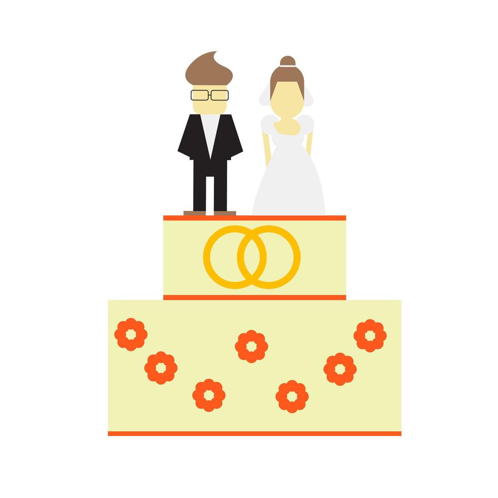 pastel de bodas con decoración y figuras de novios aisladas en blanco vector