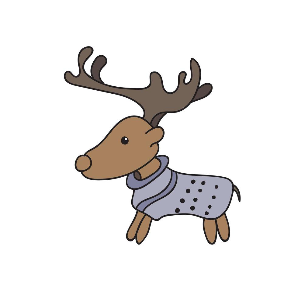 vector lindo ciervo de invierno en suéter acogedor. ilustración de garabato vacaciones de invierno