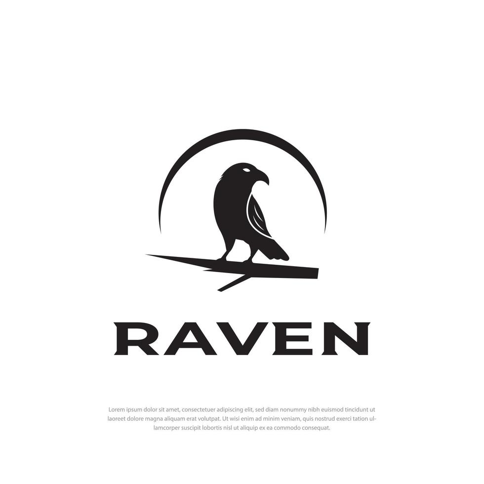 Logo Design Black Crow silhouette perched on a branch facing vector