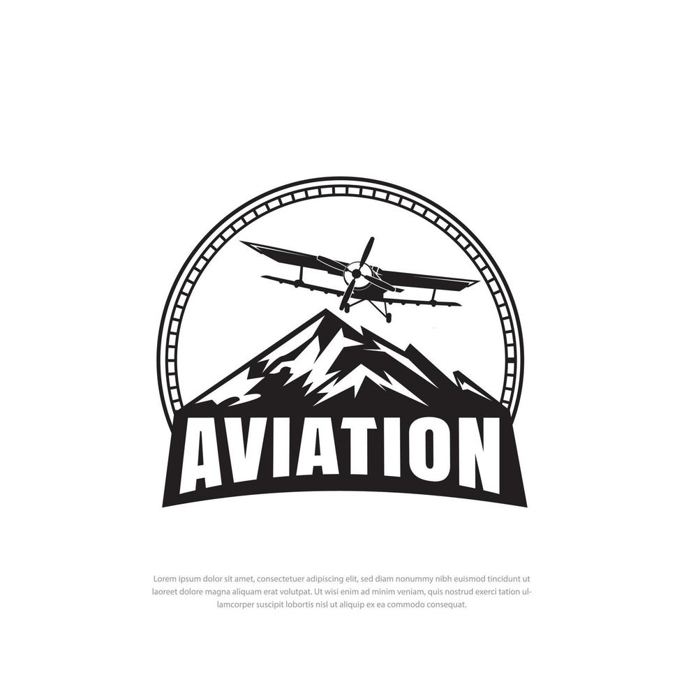 diseño de logotipo de avión antiguo. avión retro grunge con logo emblema, transporte aéreo en el cielo sobre fondo de montaña vector