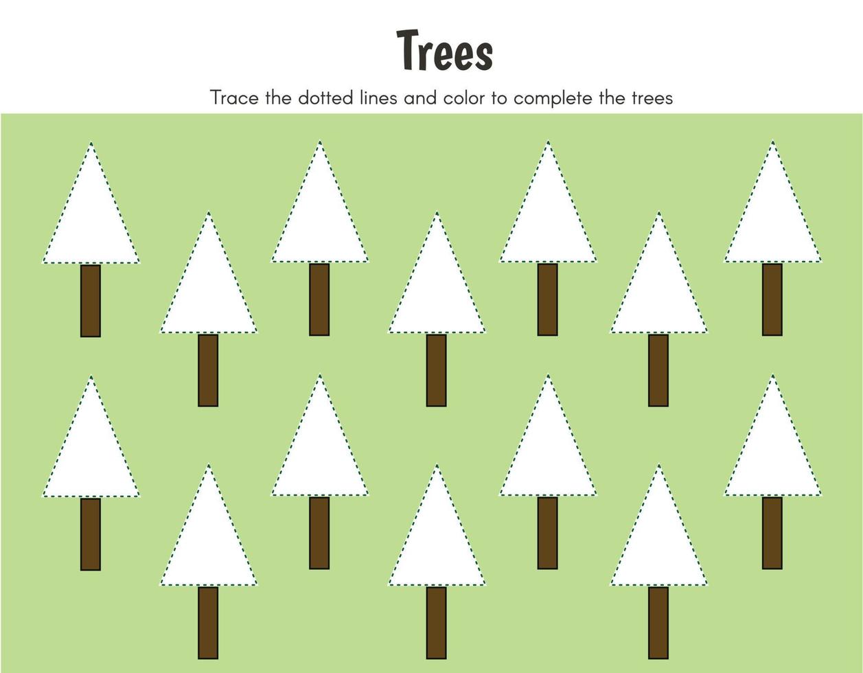 Draw trees, trace the dotted lines, and color the trees. Practice educational worksheet for kindergarten. motor skills and IQ Test. Printable worksheet for online education. Vector Illustration.