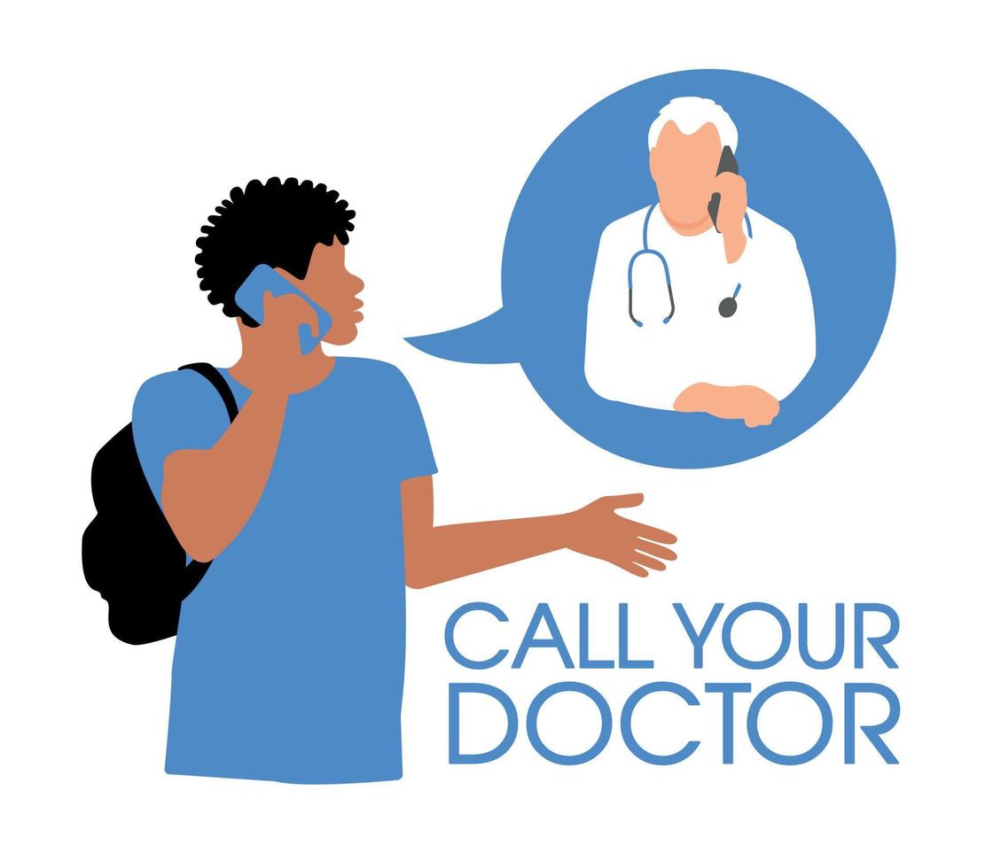 Cloud of balloons in which the conversation is a consultation of the patient support medical hotline. The doctor consults by phone. Call your doctor. A black male patient consults a doctor by phone. vector