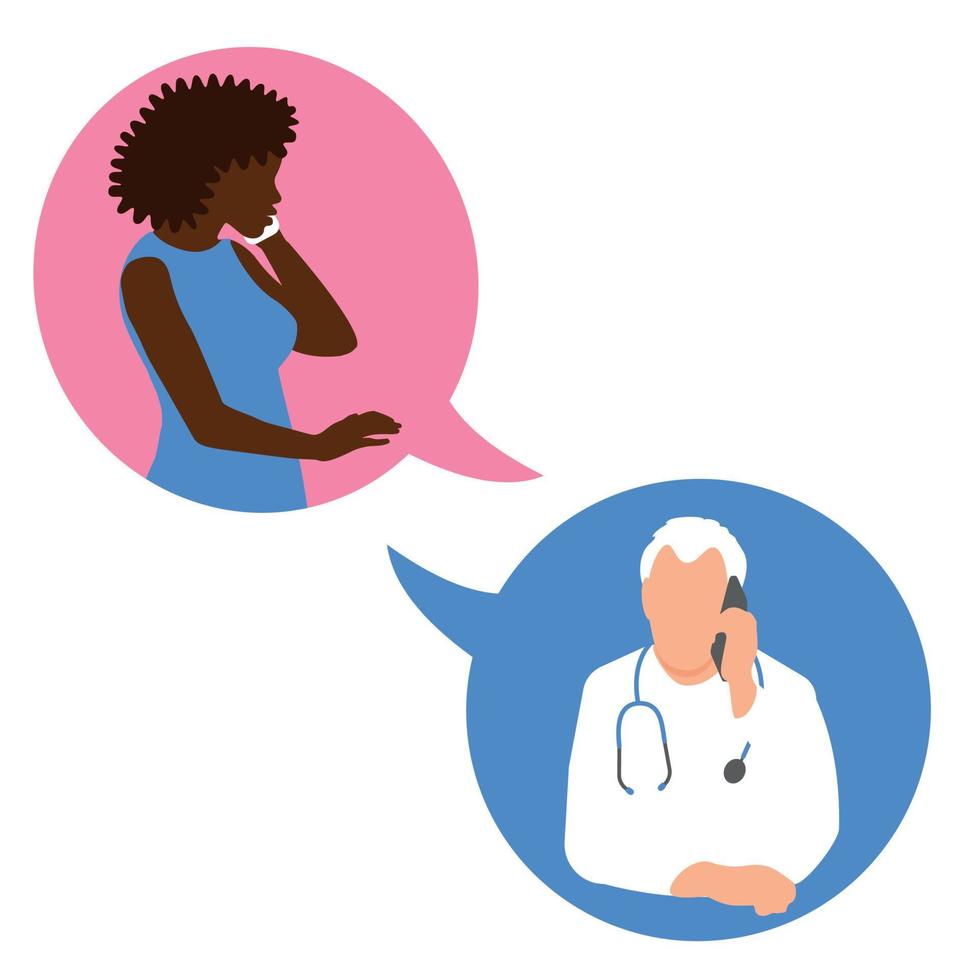 Two clouds of balloons in which the conversation is a consultation of the patient support medical hotline. The doctor consults by phone. Call your doctor. Vector isolated illustration.