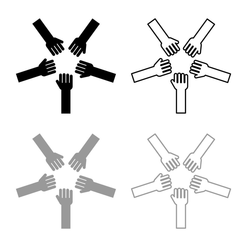 Five hands Group arms Many hands connecting Open palms People putting their hands together Stack hands concept unity icon outline set black grey color vector illustration flat style image