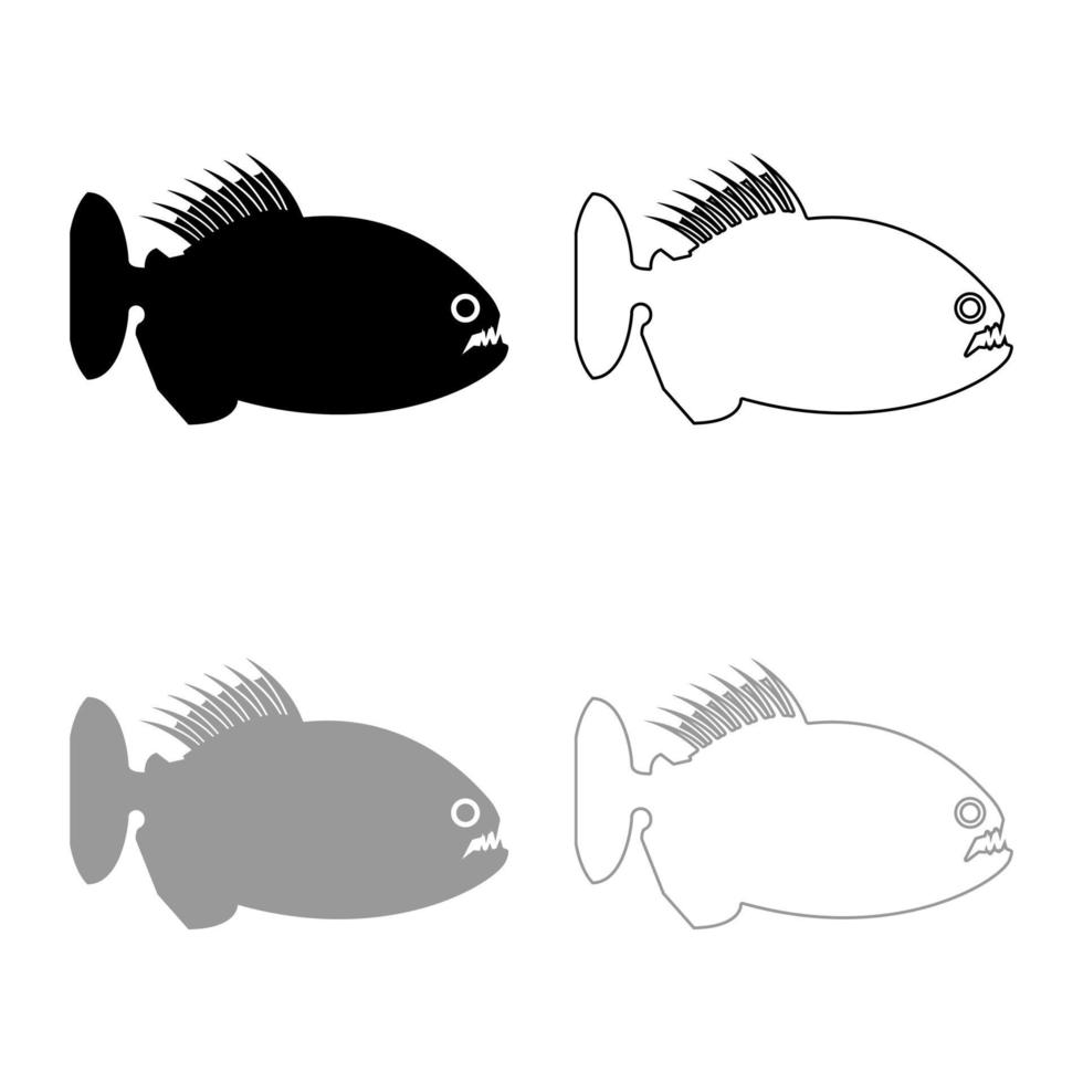 piraña pez enojado icono contorno conjunto negro gris color vector ilustración estilo plano imagen
