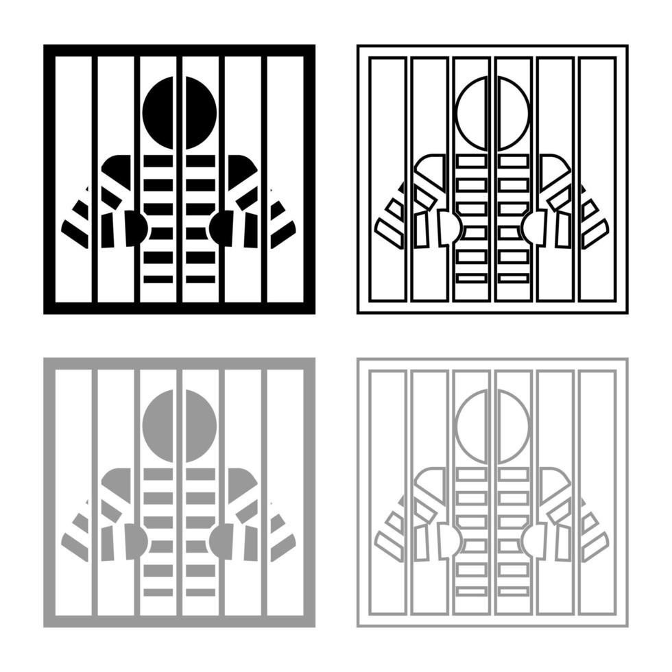 Prisoner behind bars holds rods with his hands Angry man watch through lattice in jail Incarceration concept icon outline set black grey color vector illustration flat style image