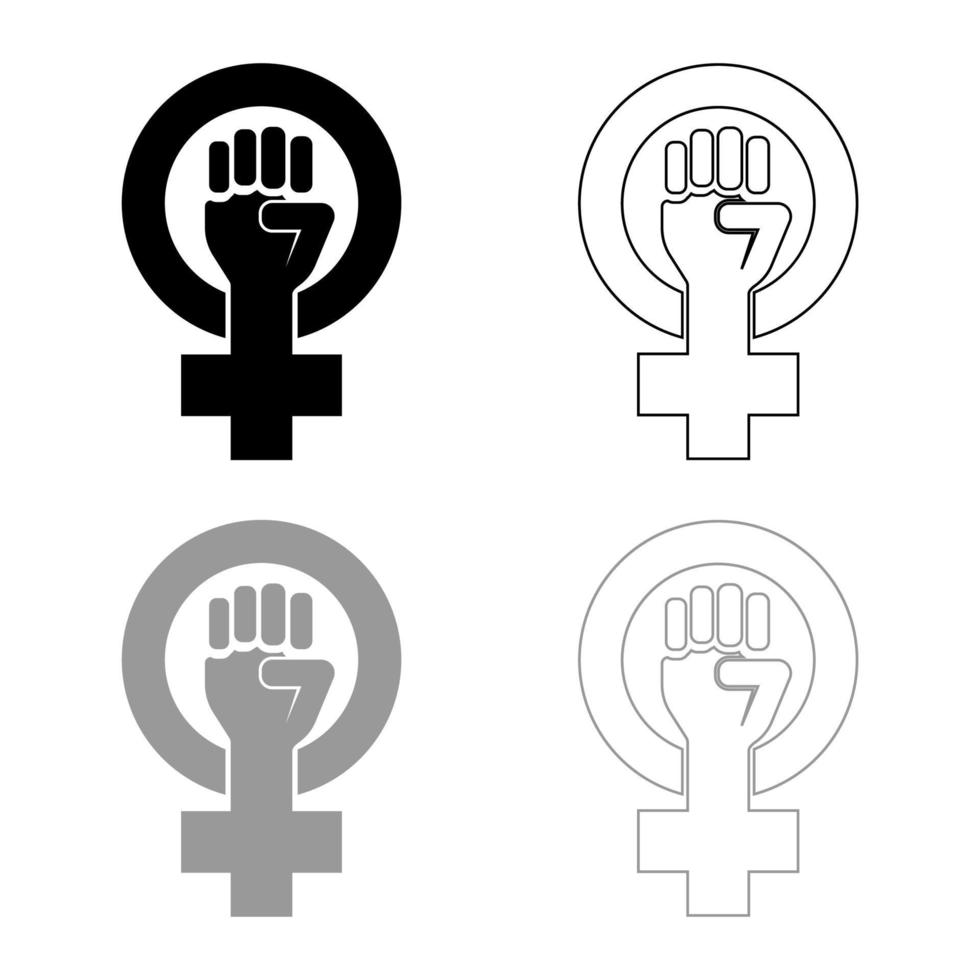 símbolo del movimiento feminista género las mujeres resisten la mano del puño en el esquema de iconos redondos y cruzados conjunto de color gris negro ilustración vectorial imagen de estilo plano vector