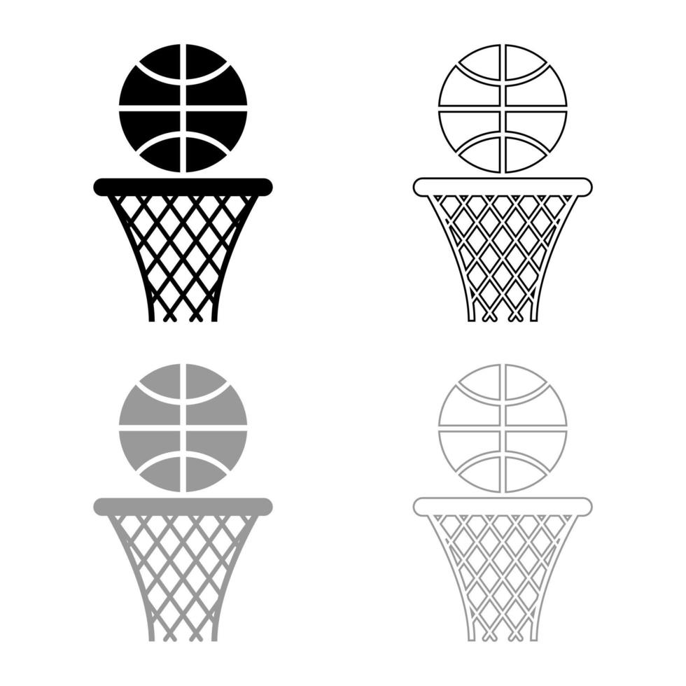 canasta de baloncesto y red de aro de pelota y contorno de icono de pelota conjunto negro gris color vector ilustración imagen de estilo plano