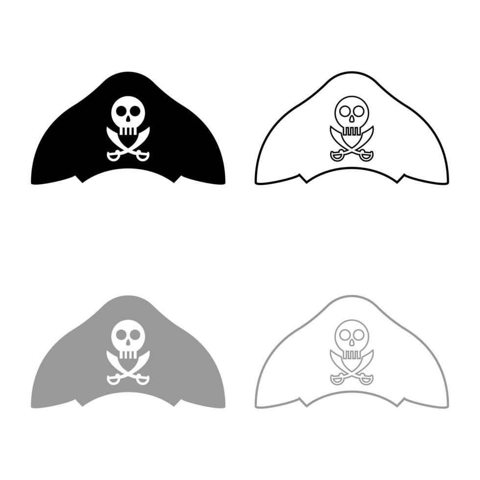 sombrero pirata con calavera y machete de sable conjunto de contorno de icono color gris negro ilustración vectorial imagen de estilo plano vector