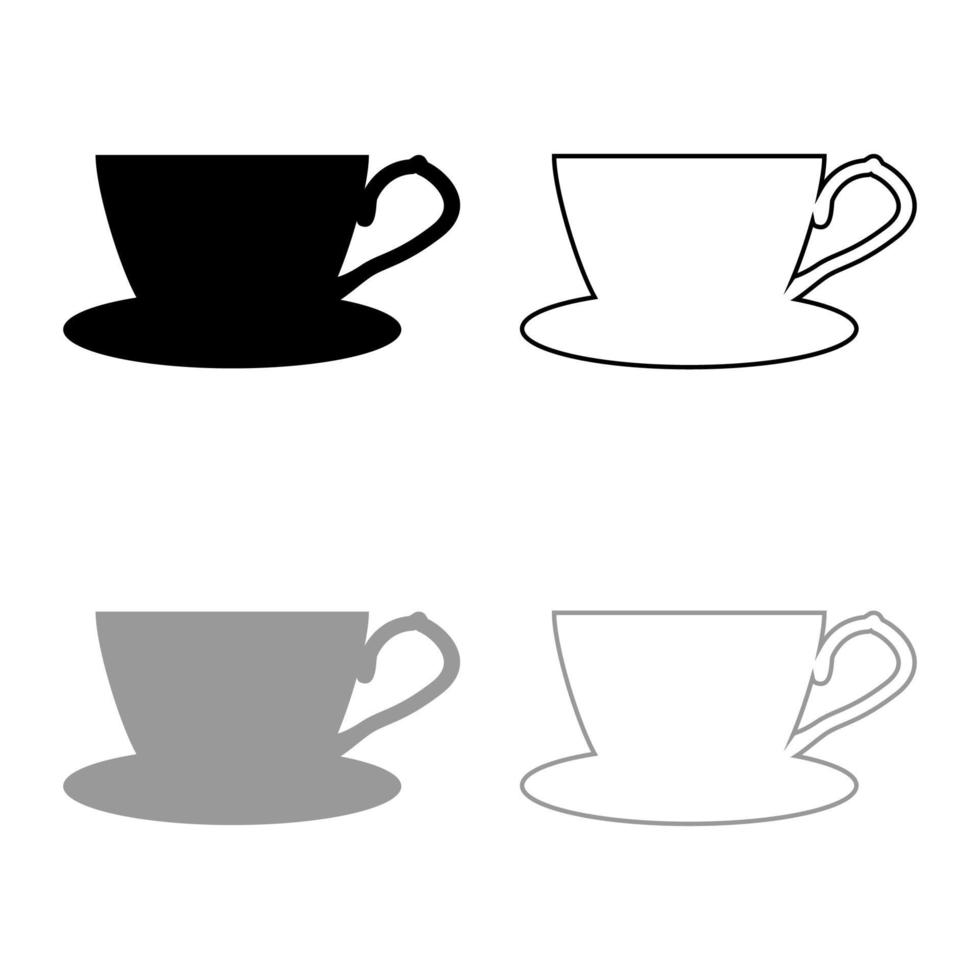 taza de té con icono de platillo conjunto de contorno negro gris color vector ilustración estilo plano imagen