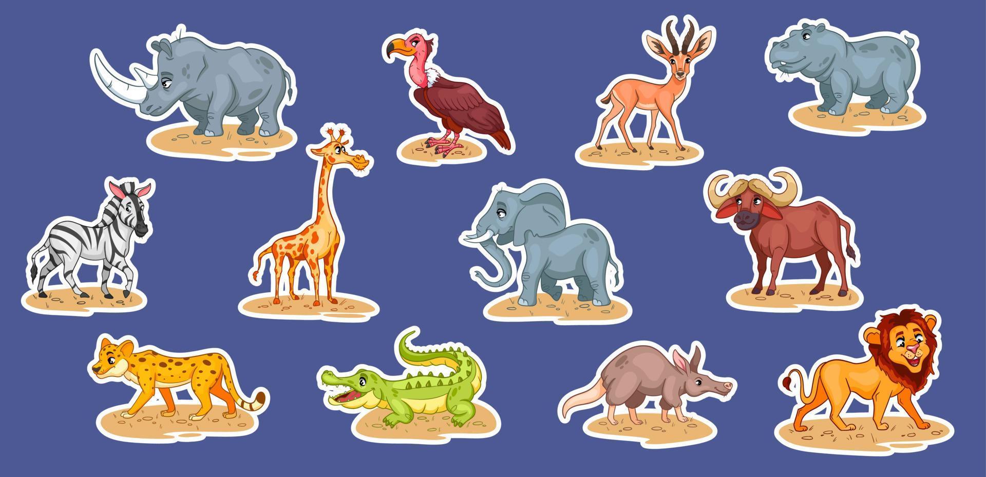 gran conjunto de animales africanos. divertidos personajes de animales en pegatinas de estilo de dibujos animados. vector
