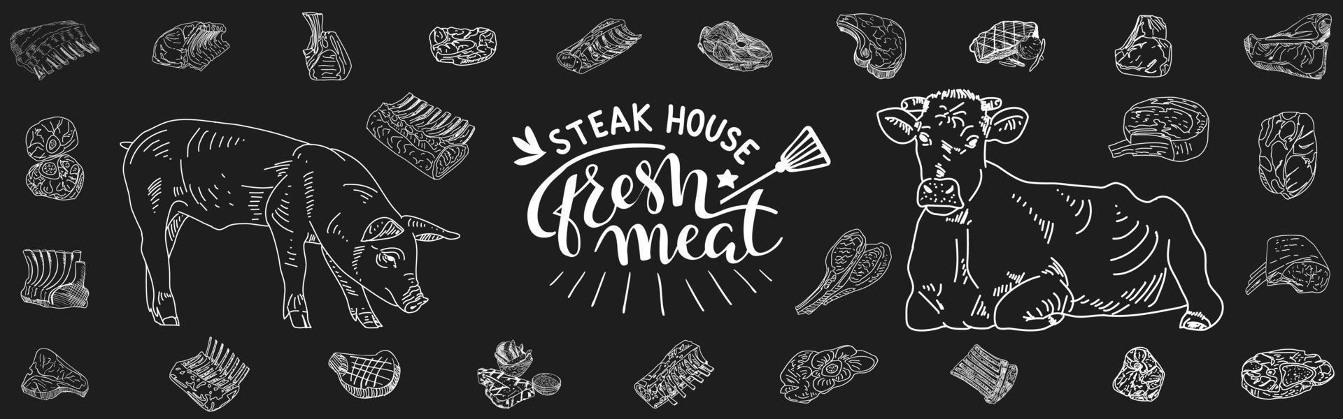 Vintage Butcher shop hand-drawn on a black chalkboard background. vector
