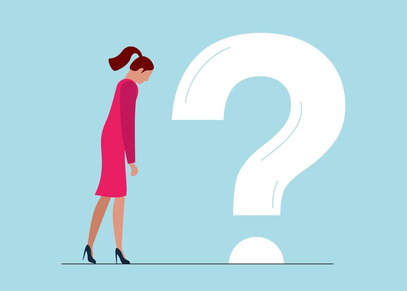 Young tired businesswoman without work or life energy. No idea and fatigue depression concept. Burnout syndrome and stress. Large question mark vector eps illustration