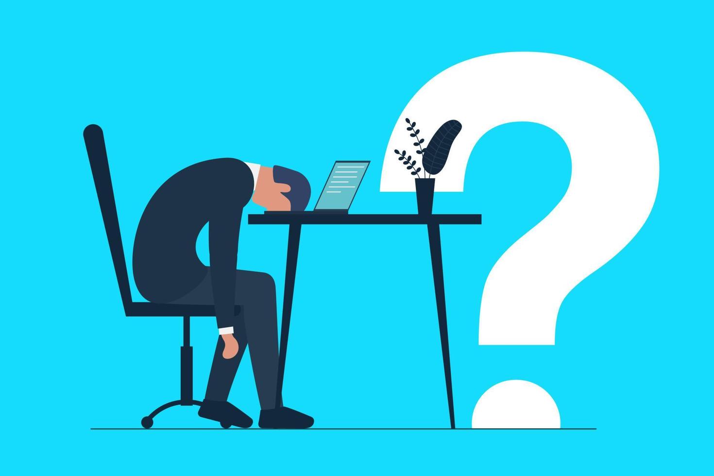 Exhausted sick tired man in office sad boring sitting no idea head down on laptop with large question mark. Frustrated worker mental health problem. Professional burnout syndrome. Vector long work day