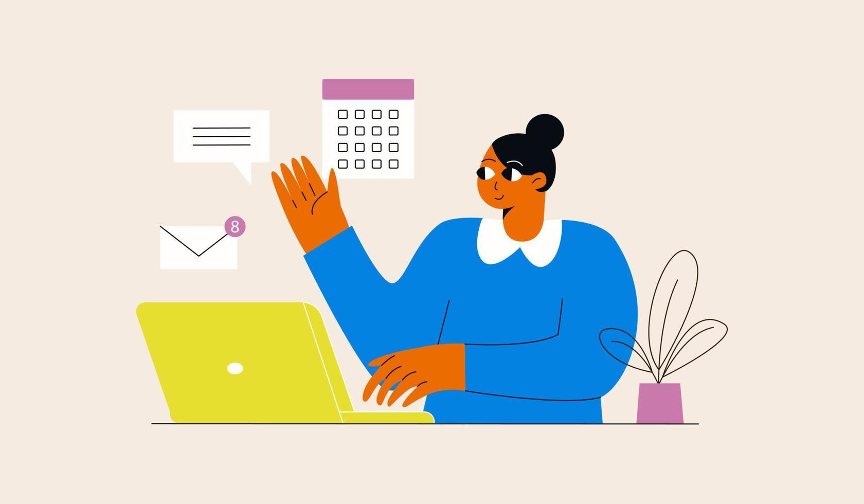 Woman in various activities of online business, communication, marketing. Freelance worker. Multitasking, time management and productivity concept. Modern vector style for graphic and web design.