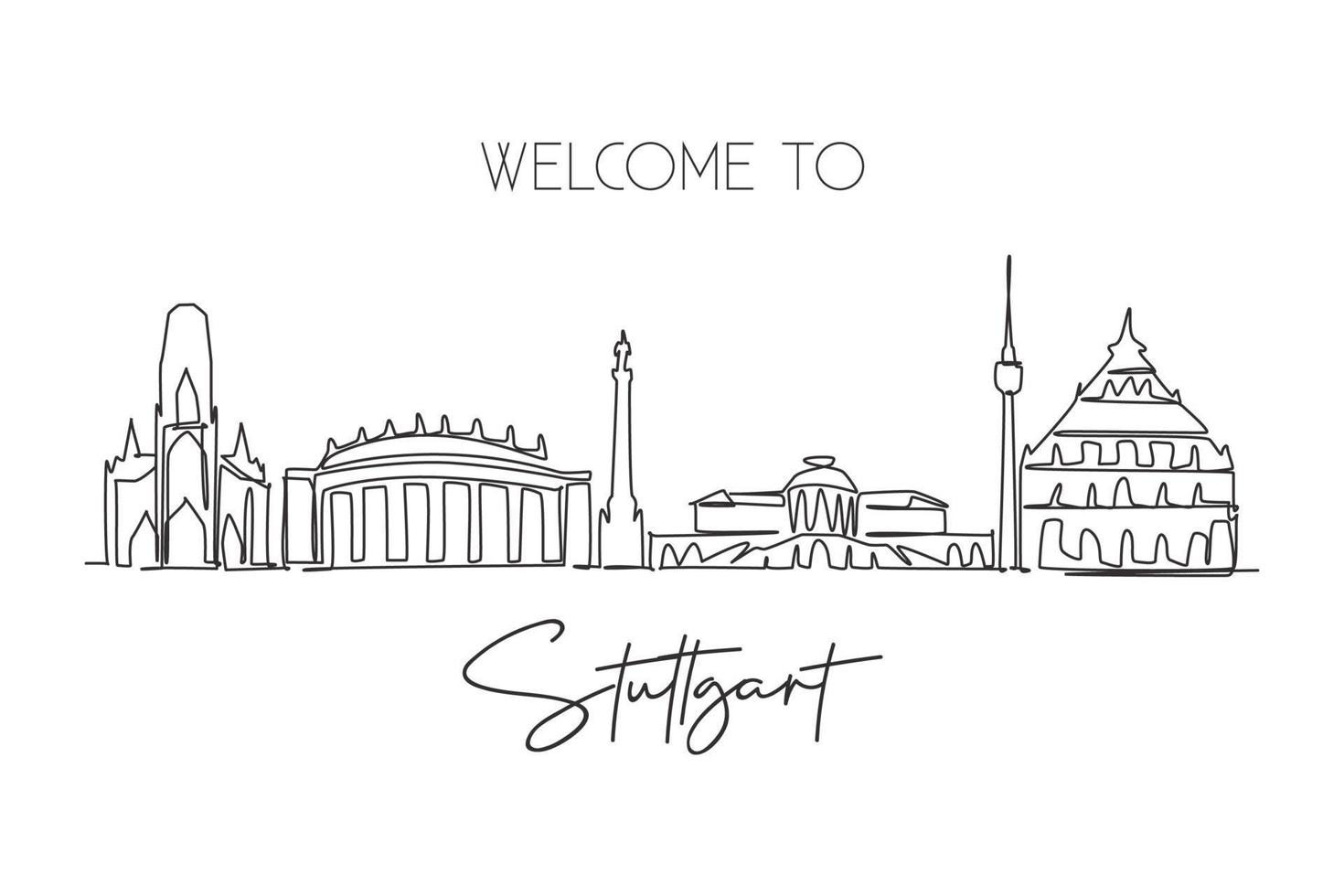 Single continuous line drawing of Stuttgart city skyline, Germany. Famous skyscraper landscape. World travel home art wall decor poster print concept. Modern one line draw design vector illustration