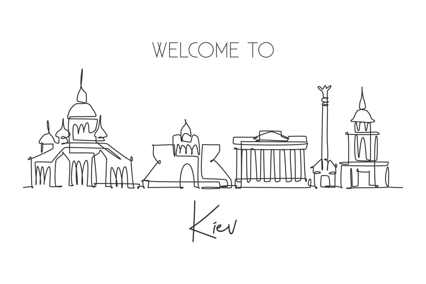 One single line drawing of Kiev city skyline, Ukraine. Historical town landscape in world. Best holiday destination wall decor art poster print. Trendy continuous line draw design vector illustration