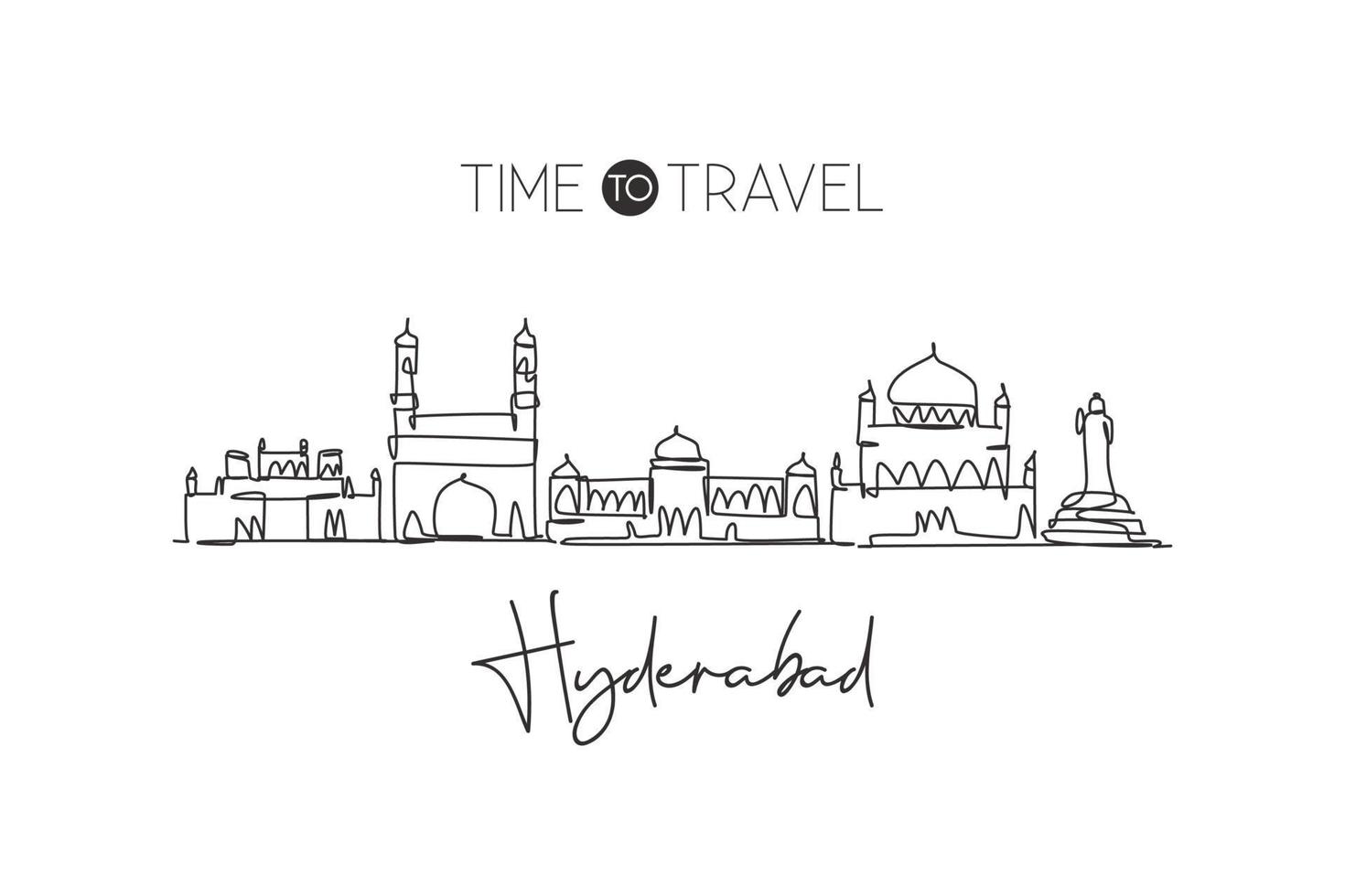 One single line drawing Hyderabad city skyline, India. Historical town landscape in the world. Best holiday destination. Editable stroke trendy continuous line draw design graphic vector illustration