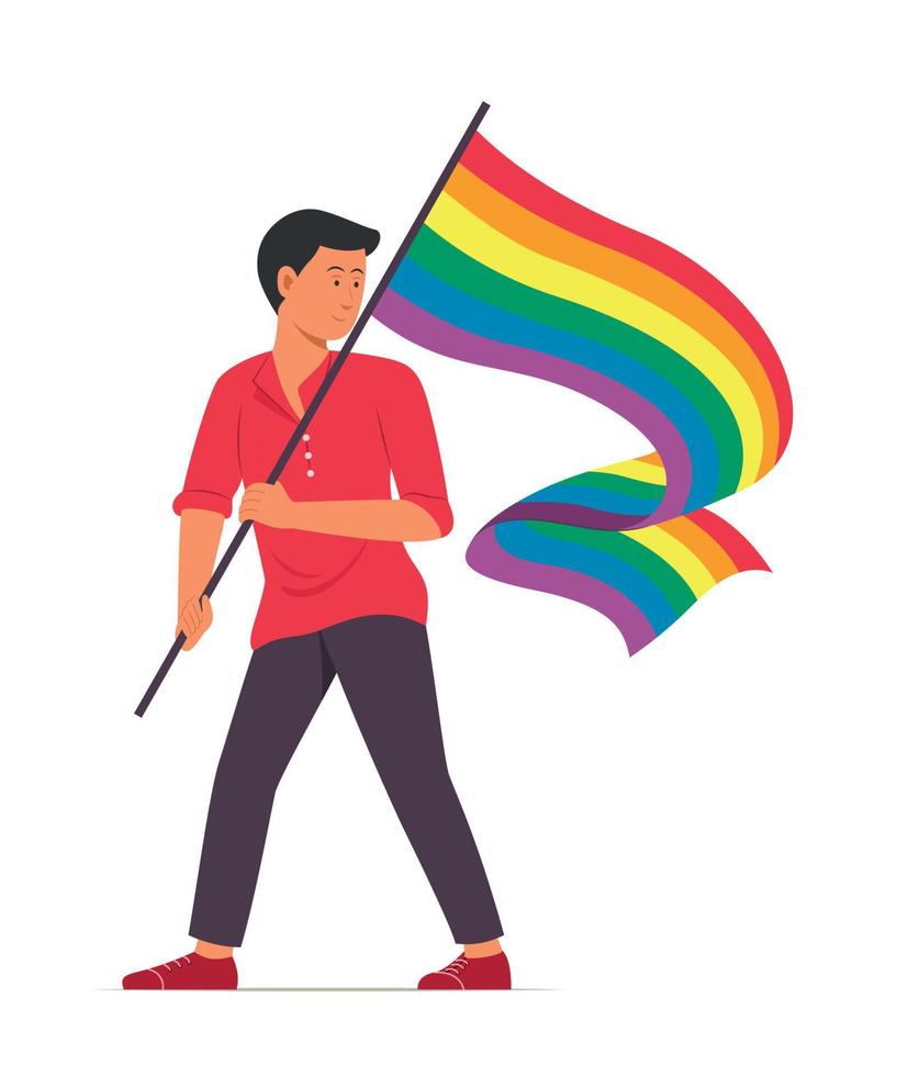 Man Holding a Rainbow Flag for the LGBT Movement. vector