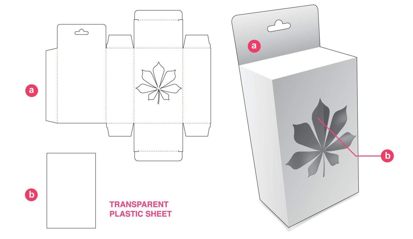 Cardboard hanging box with leaf window and transparent plastic sheet die cut template vector