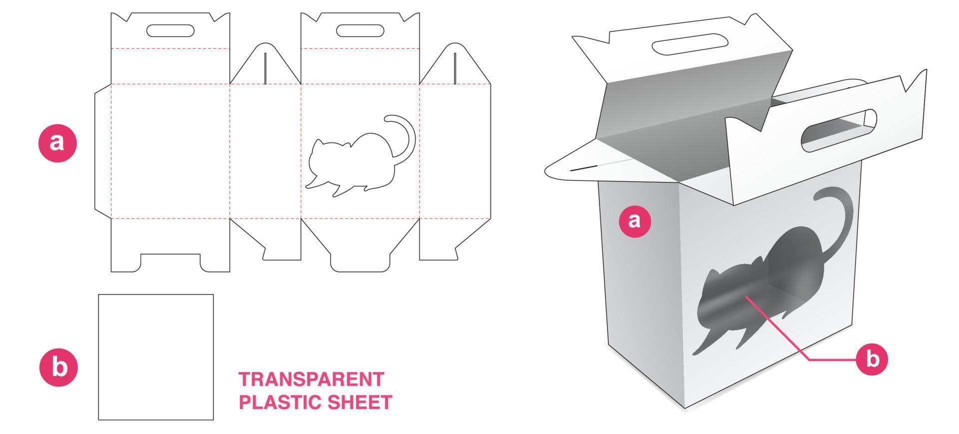 caja de cartón con asa con ventana de gato y plantilla troquelada de lámina de plástico vector