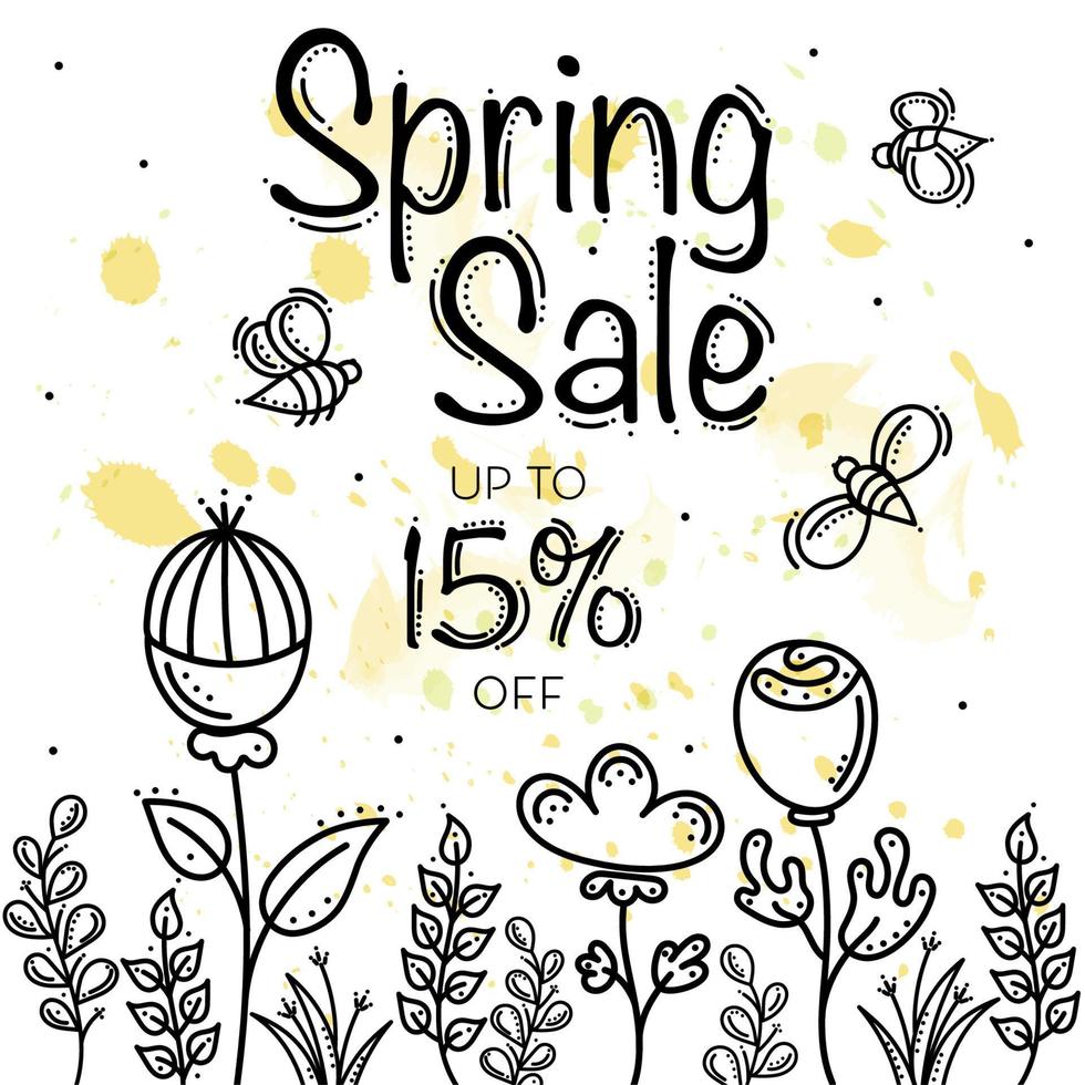 Spring Sale Banner With Herbs, Flowers and Bees vector