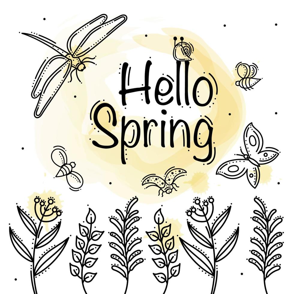 Hello Spring. Line Illustration With Insects and Herbs vector