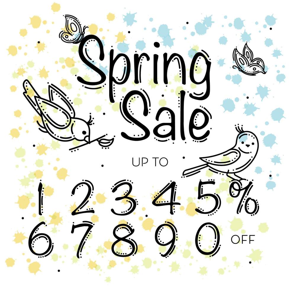Numbers Set. Spring Sale. With Birds and Butterflies vector