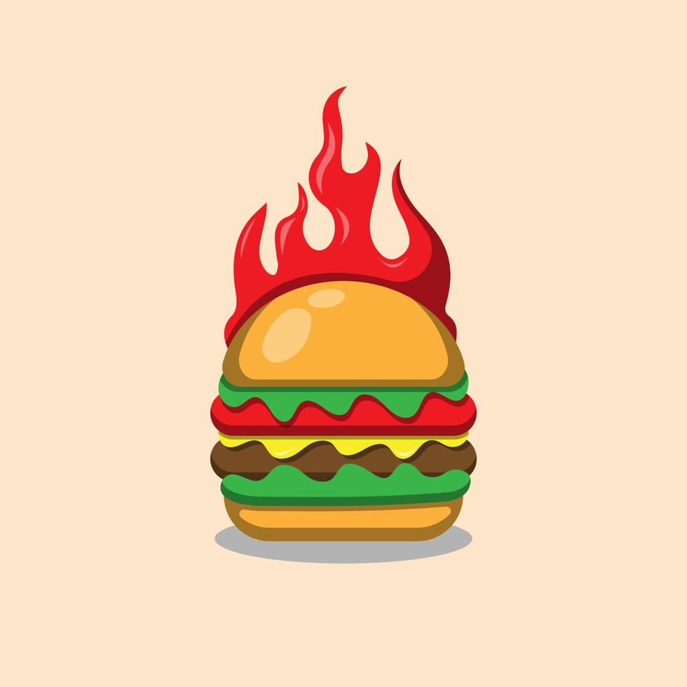 ilustración de hamburguesa de llama de fuego caliente. emblema de vector de plantilla de hamburguesa de comida picante. hamburguesa en fuego diseño 3d.