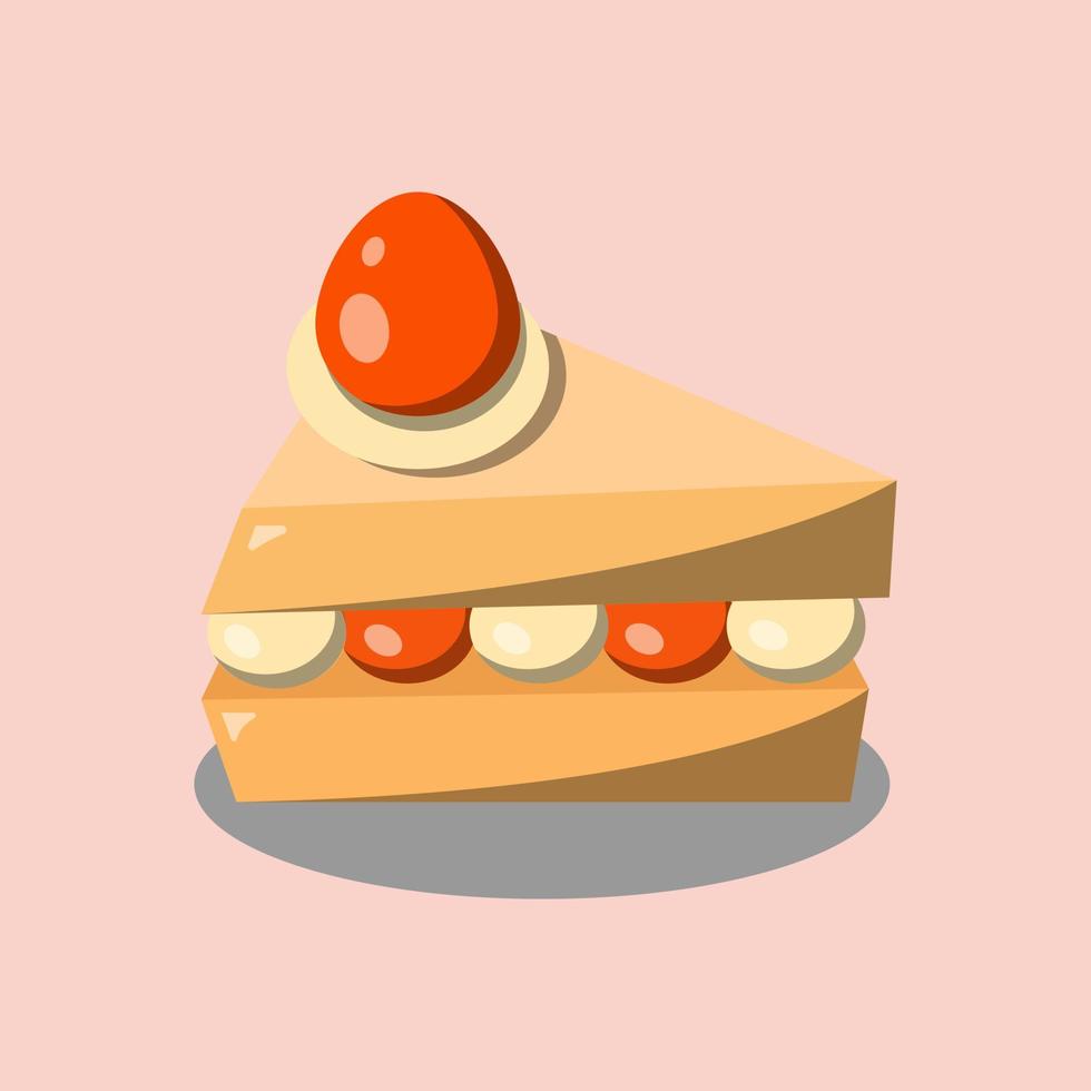 ilustración vectorial de un trozo de tarta completo con crema y cerezas encima. vector