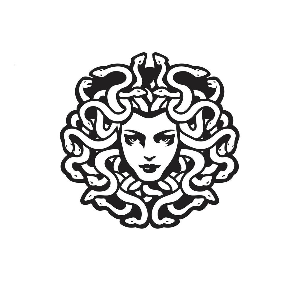 vector blanco y negro medusa gorgona cabeza de mujer con ilustración de serpientes