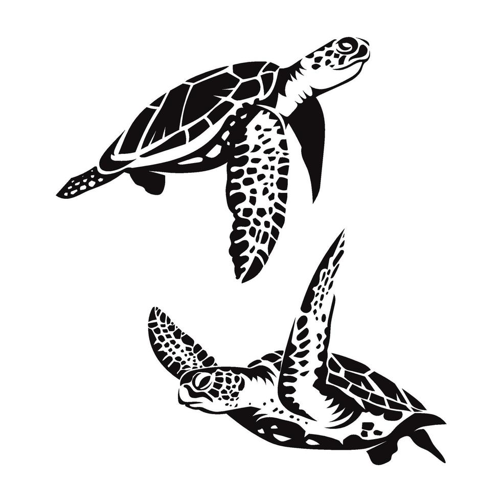 two sea turtle swimming silhouette vector