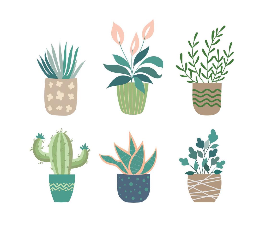 conjunto de dibujos animados de plantas verdes en macetas. diferentes plantas de interior decorativas en macetas para el diseño de interiores vector