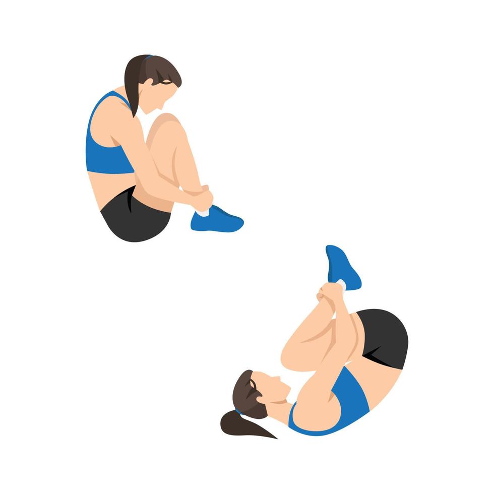Woman doing rolling like a ball exercise. Flat vector illustration isolated on white background