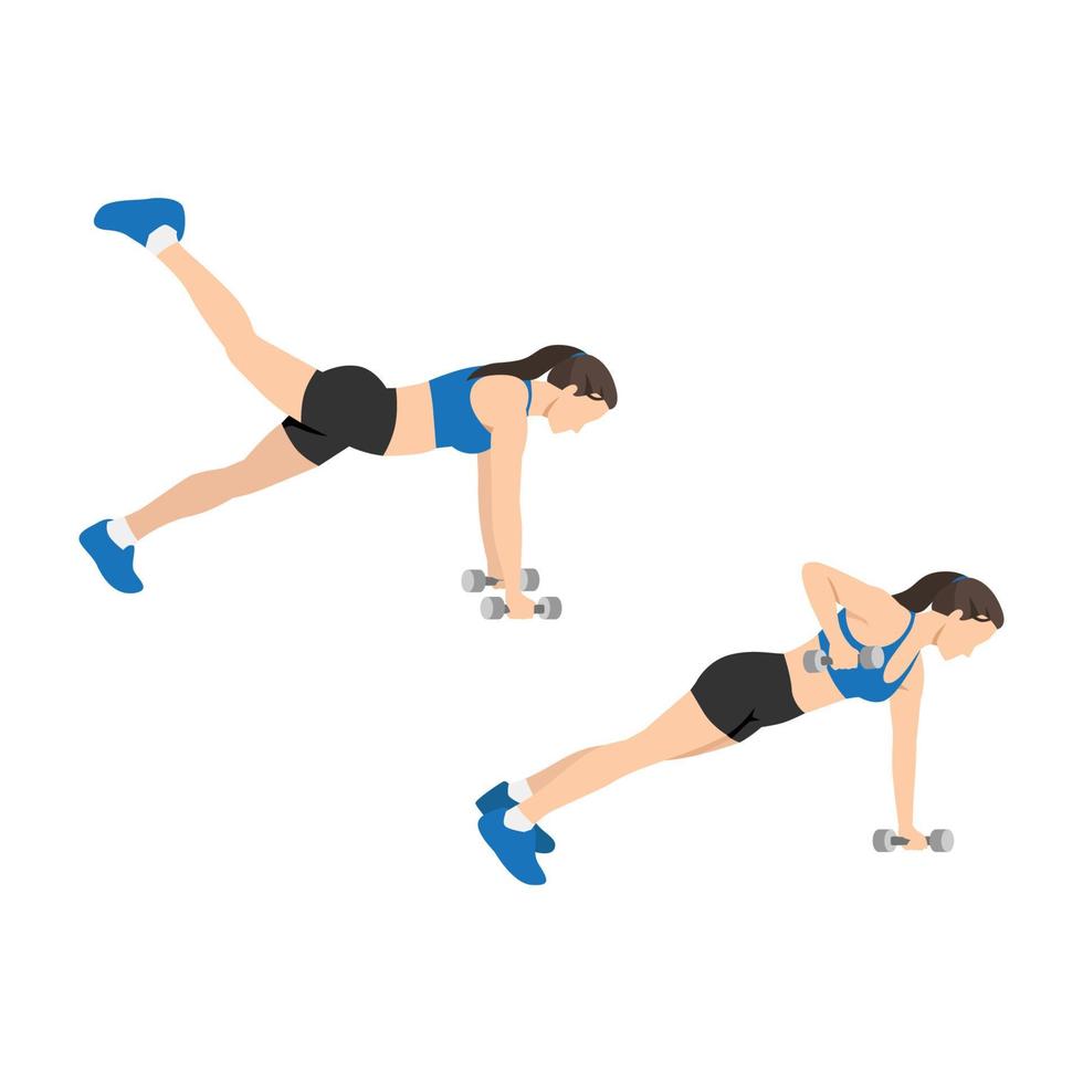 Woman doing alternating plank row leg raise exercise. Flat vector illustration isolated on white background