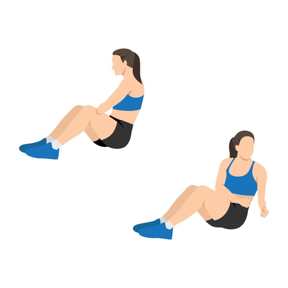 Woman doing Russian twist exercise. Flat vector illustration isolated on white background