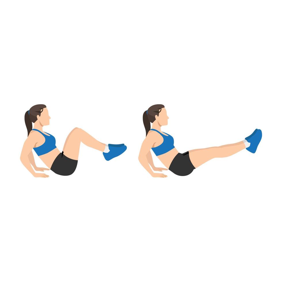 Woman doing Seated knee tucks exercise. Flat vector illustration isolated on white background