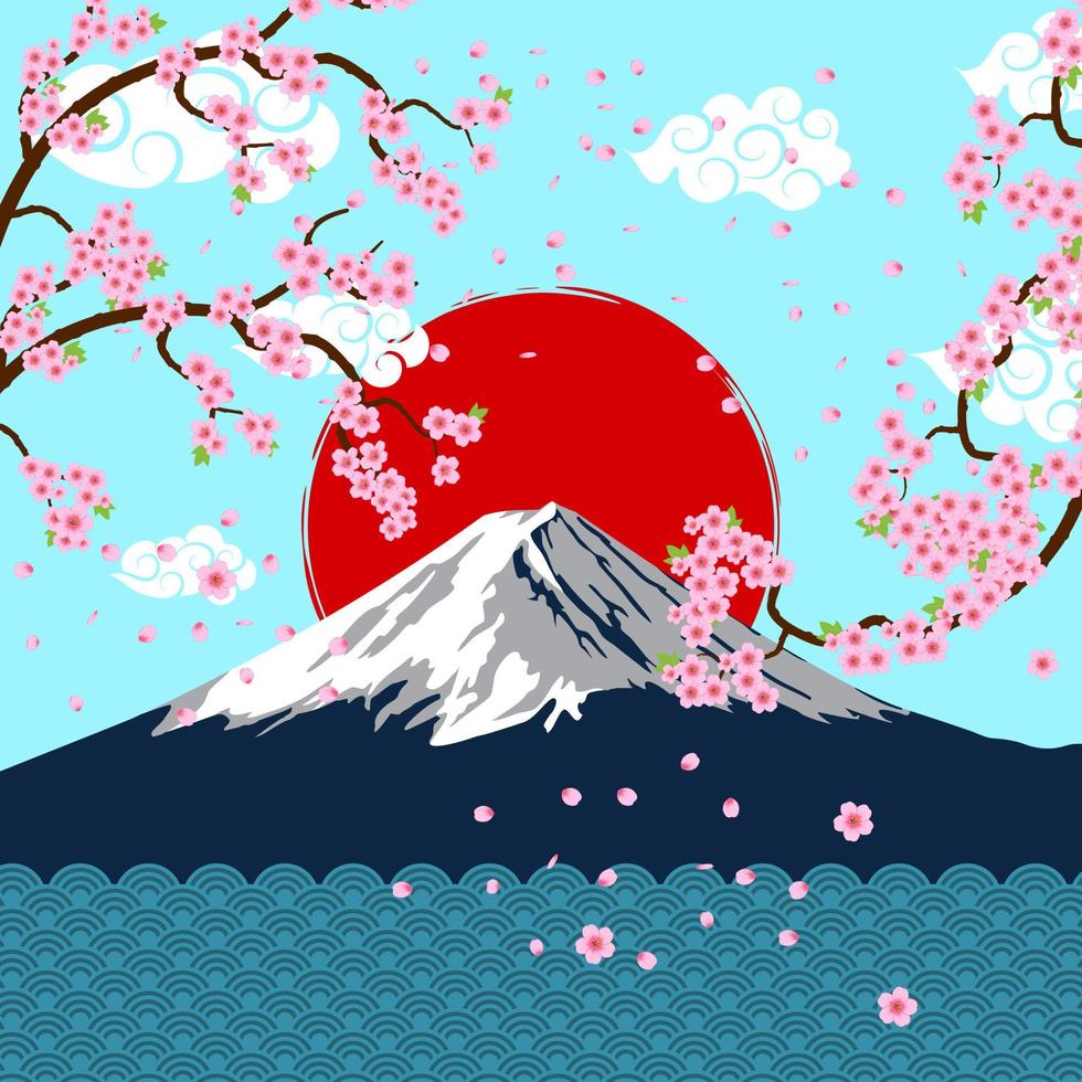 arte japonés mt.fuji con flor de cerezo vector