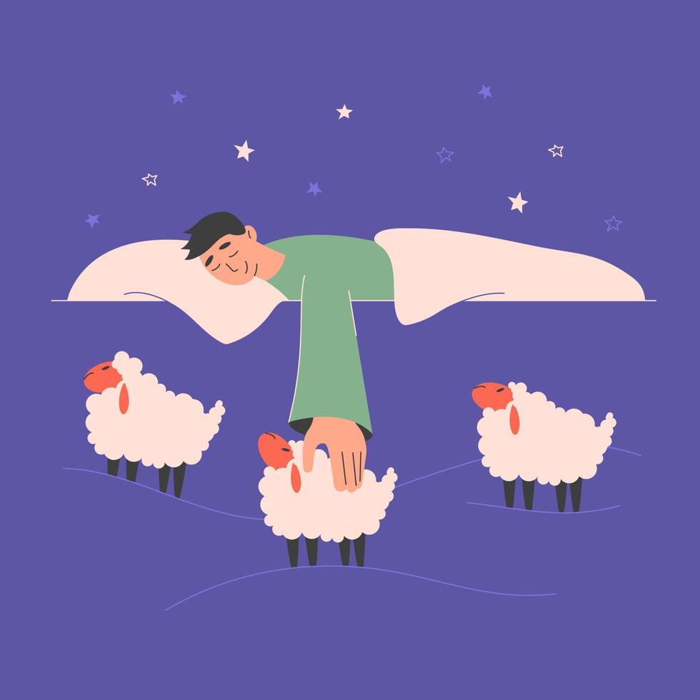 A young man dreaming and counting sheeps vector