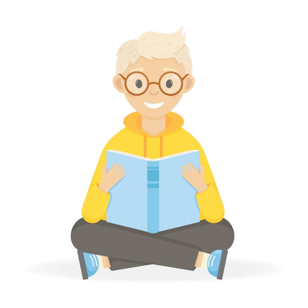 Happy smiling boy with glasses reading book, sits with a book in his hands. vector