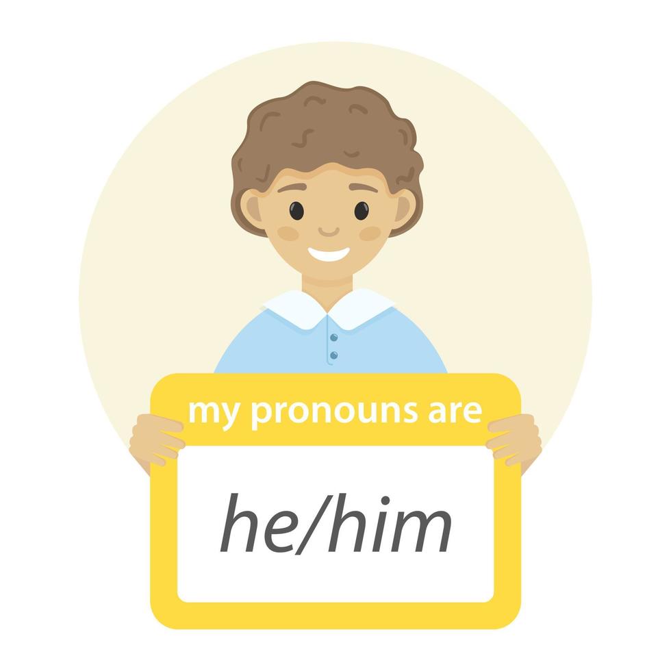 Boy holding sign with gender pronoun. He him pronouns. Isolated on white background. vector