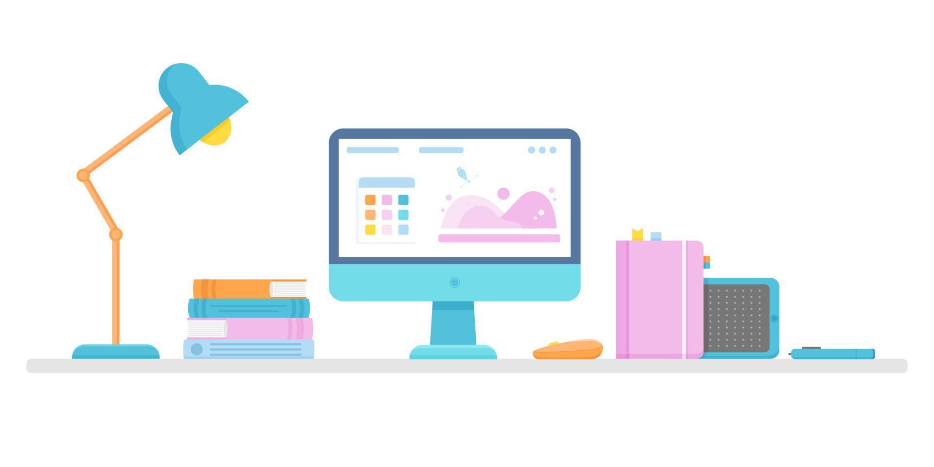 Desktop of a graphic designer. Vector illustration of a workspace with a computer and a graphics tablet for creating graphic content.