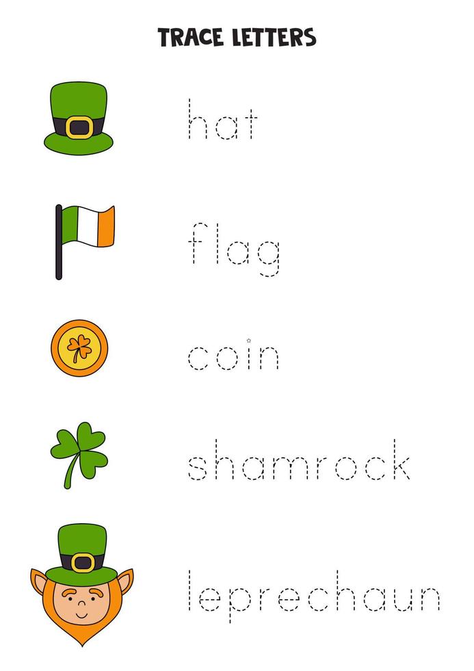 Tracing words of Saint Patrick day symbols. Writing practice. vector