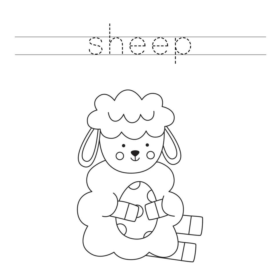 Trace the letters and color Easter sheep. Handwriting practice for kids. vector
