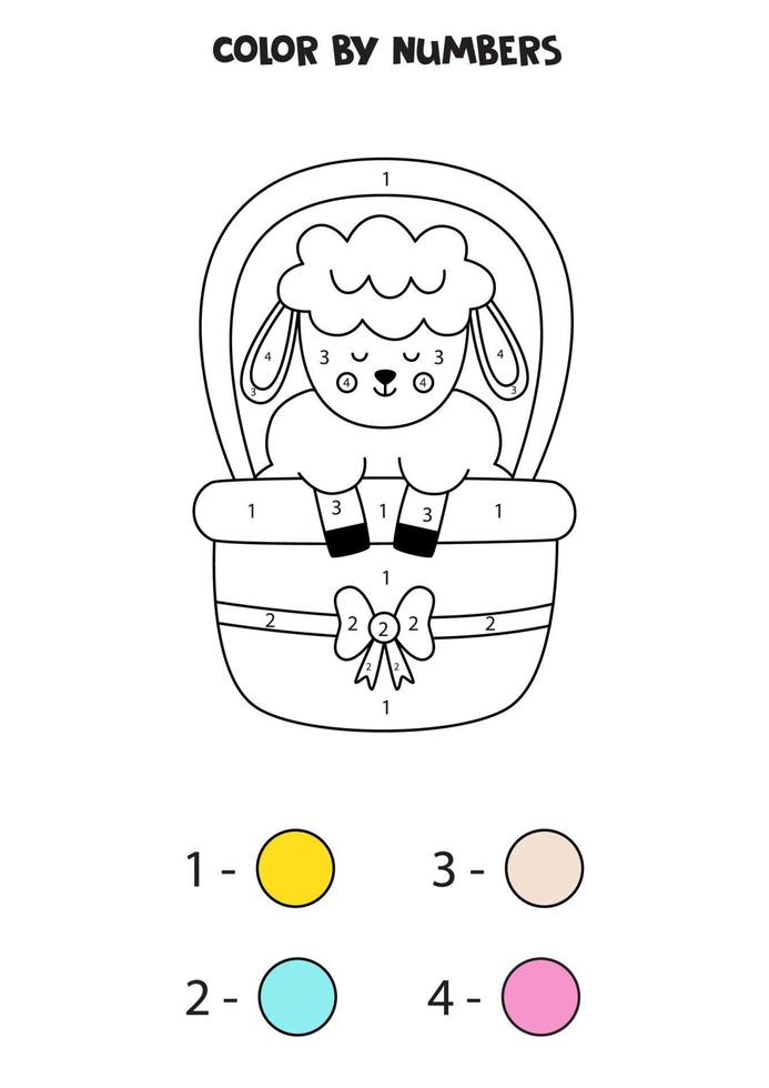 Color cute Easter sheep by numbers. Worksheet for kids. vector