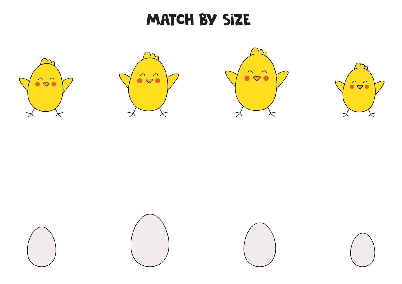 Matching game for preschool kids. Match Easter chickens and eggs by size. vector