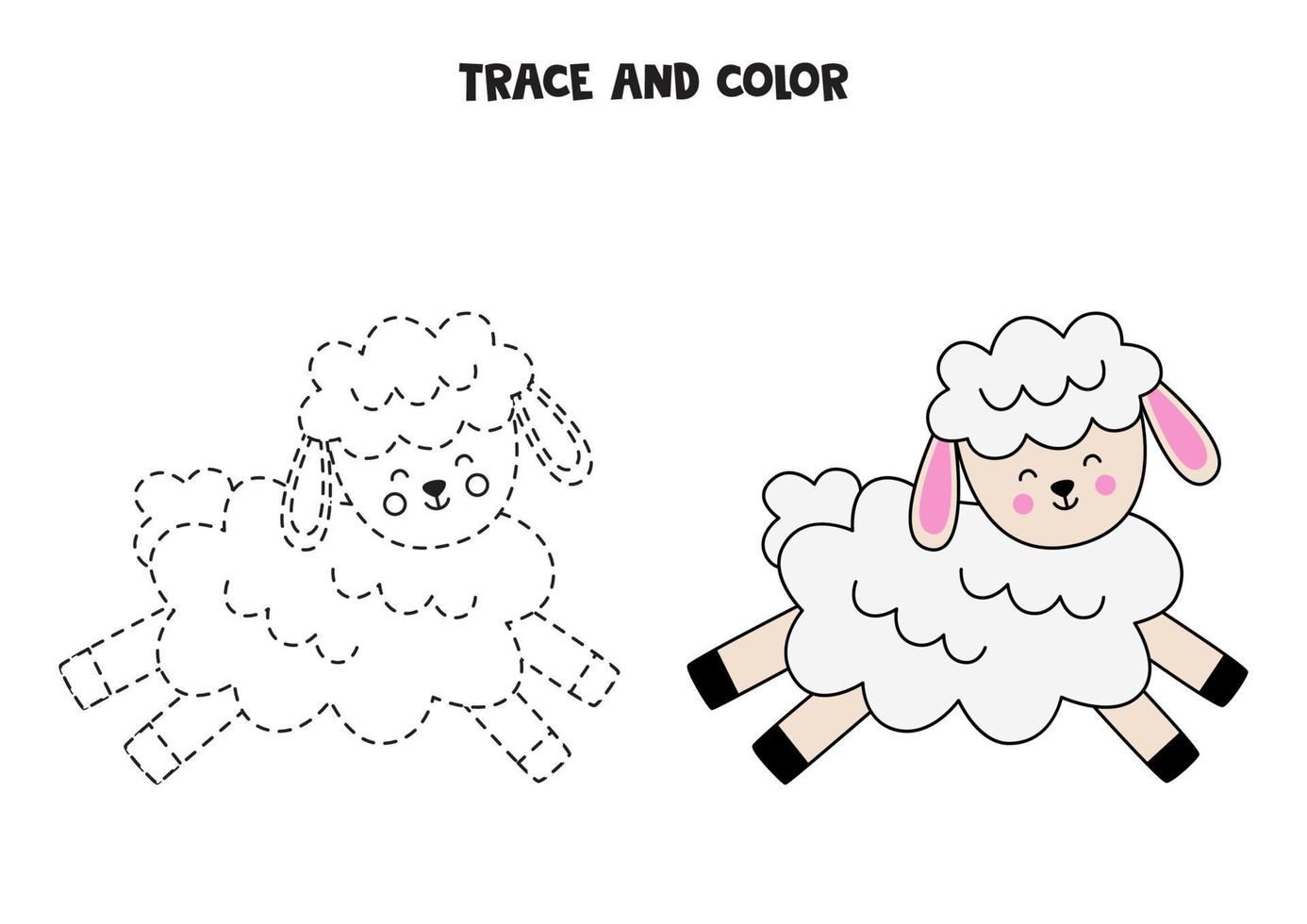 Trace and color cute Easter sheep. Worksheet for children. vector