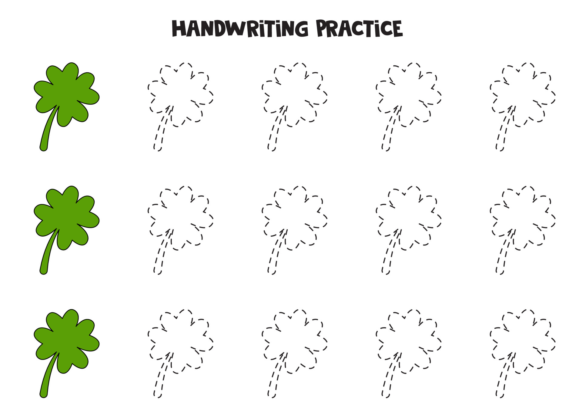 Tracing contours of cute shamrocks. Writing practice. 5907121 Vector